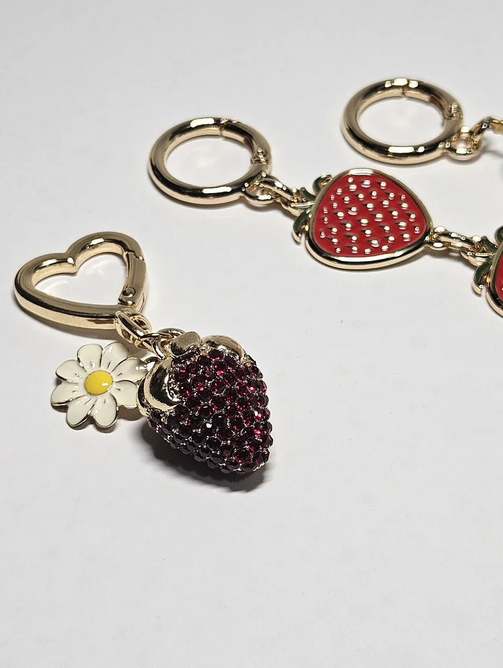 Luxury Rhinestone Strawberry & Pearl Gold Bag Charm Keychain Set - 3 Pcs